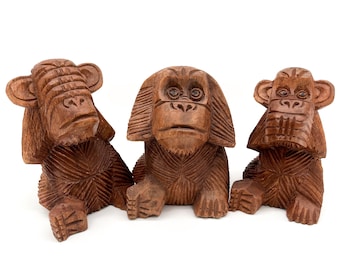 Wise Monkey Figures (S), Set of 3, Wood Statues, Home Decor, Monkey Statue