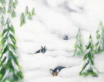 Dogs, Corgi, bordercollie Snow- Print on wood- reproduction- mini prints- Landscape-gift- 3.5" x3.5"-snow scene-wall art-wood block arttrees