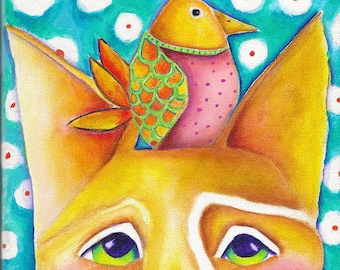 Dog and Bird Acrylic Painting: Colorful Terrier Art by Deb Harvey (8x10)