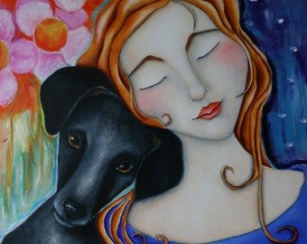 Dachshund Art Print: Woman and Doxie Portrait, "Tranquility"