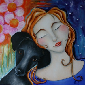 Dog, Dachshund, Doxie, Woman, Portrait, Print on wood, reproduction, "Tranquility", gift for her, 3.5" x 3.5", mini print