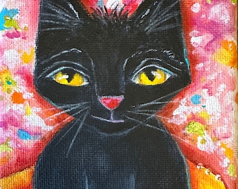 Halloween Black Cat Acrylic Painting: Original Pumpkin Art (5" x 7")