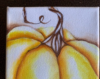 Original Painting "Yellow Pumpkin” Acrylic Art by Deb Harvey 4" x 4" x 1 1/2"  Autumn, decoration, gallery wrapped canvas