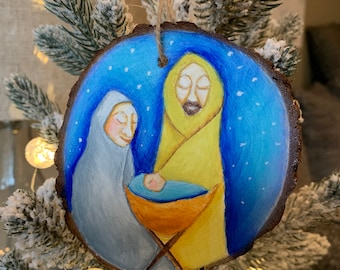 Christmas Nativity hand painted wooden ornament 4" diameter, gift, decoration Original Art by Deb Harvey gift