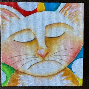 Cat Original acrylic Painting Art by Deb Harvey 6&quot; x 6&quot; x 1 1/2&quot;, “Sad, but Hopeful”