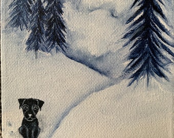 Winter Landscape Painting: Original Acrylic Art on Canvas (4x4x1.5)