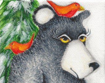 Bear Red Birds   Print on Wood   Bertie   Art by Deb Harvey   3.5" x 3.5",