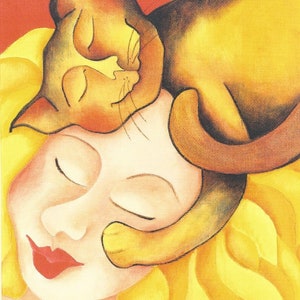 May include: A painting of a woman with blonde hair sleeping with a brown and orange cat curled up on her head. The woman has her eyes closed and her lips are red. The cat's eyes are also closed.