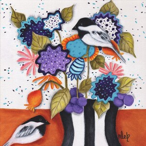 Flores Pájaros Carboneros Jarrón caprichoso Pintura original Arte 12 &quot;X 12&quot; Ramo colorido Regalo Decoración del hogar Deb Harvey Floral