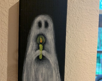 Halloween "Ghost" Original Painting on wood, Art by Deb Harvey, 2.5" x 5" x .75", ornament, decoration, small wall hanging, candle.