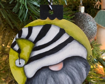 Christmas Gnome is a hand painted wooden ornament, 4" diameter, gift, decoration Original Art by Deb Harvey gift