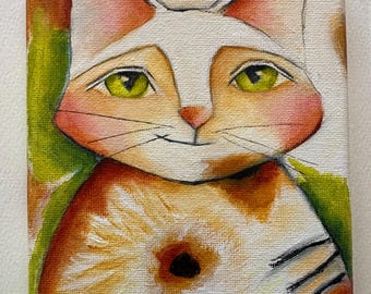 Unique Cat Painting: "Basil" Acrylic Art on Canvas Abstract Golden Kitty