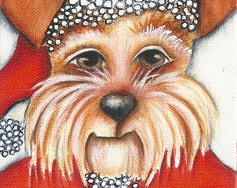 Dog Santa Schnauzer original painting 5 x7 art on canvas, holiday, decoration, terrier, gift for her, pets, animals, deb harvey,