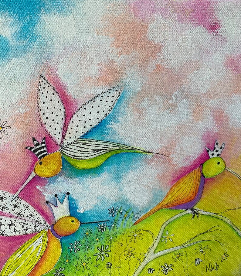Whimsy Hummingbird Hummingbirds Original Acrylic Painting: Whimsical Colorful Landscape ...