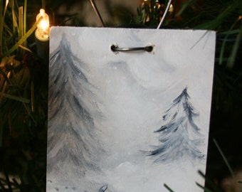 Winter Landscape with Cat- Christmas Ornament Hand Painted- Original Art-stocking stuffer-gift for him-snow painting-catlover