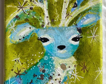Hand Painted Christmas Reindeer Holiday small painting Acrylic Canvas Art (4"x6") "Dancer"