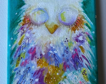 Abstract Owl Painting "Flora" Acrylic Art on Canvas 5" x 7"