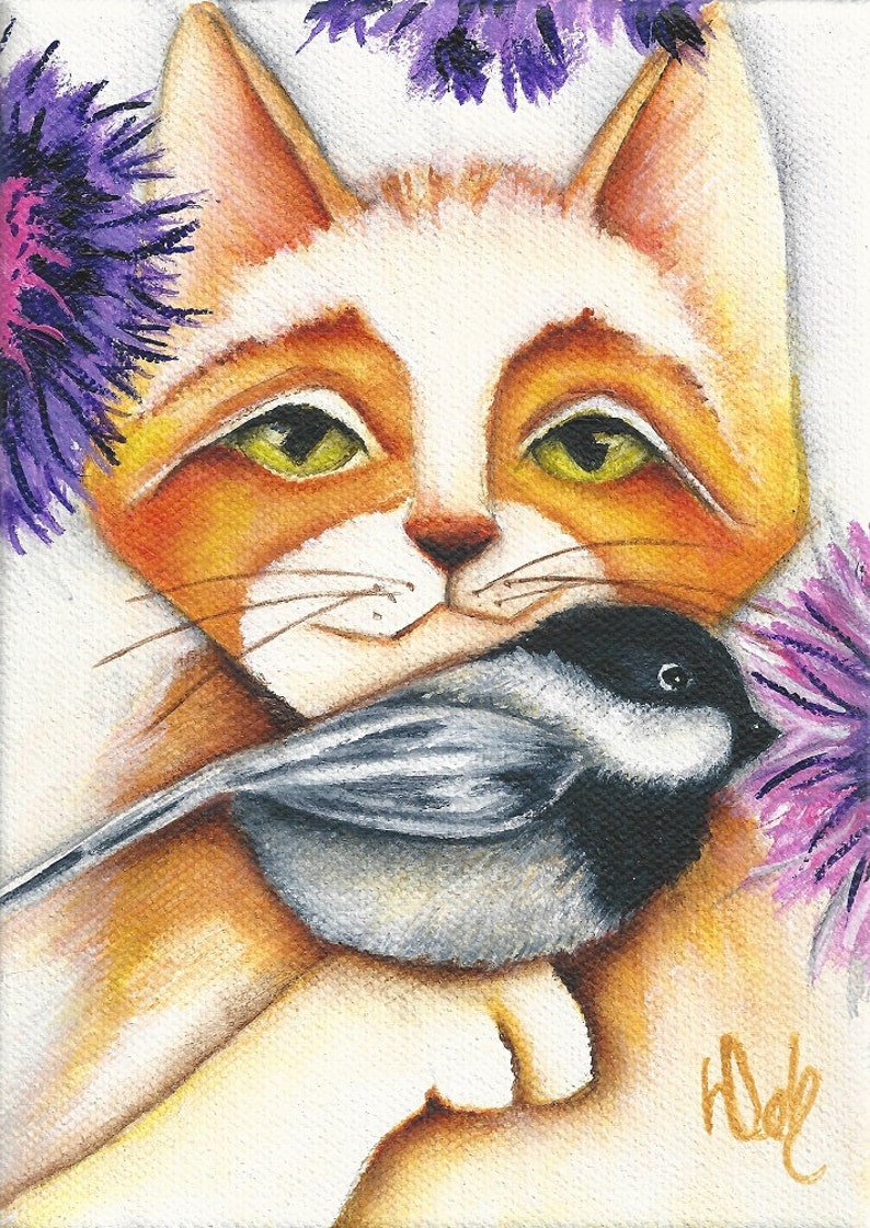 Cat Chickadee Bird Purple Flowers Print on wood 3.5 X 5 reproduction, decoration, gift, original artwork, animals, pets,deb harvey image 1