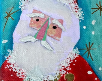 Hand Painted, mixed media, Christmas Santa Painting Acrylic Canvas Art (4"x6") "Christmas Is Magic"