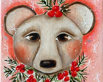 Christmas Bear Painting: Original Acrylic Holiday Art (4" x 4")