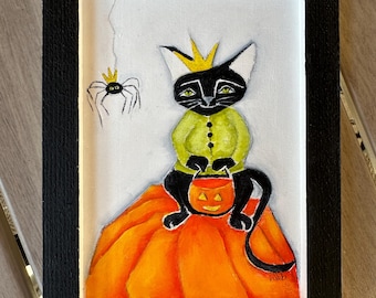 Halloween Black Cat Painting: "Pumpkin King" Acrylic Art, Framed