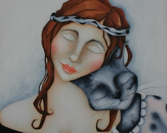 Woman Cat Print of original painting FRIENDS   Three sizes available 6"x6", 8" x 8", 10" x 10"