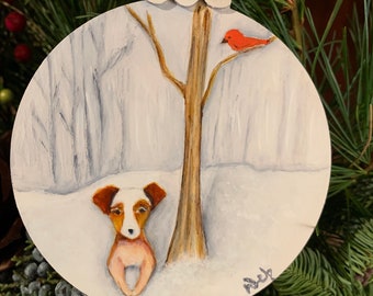 Jack Russell Terrier Dog Landscape hand painted wooden ornament 4" diameter, gift, decoration Original Art by Deb Harvey gift