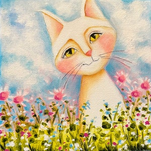 Original Painting on canvas, &quot;Wildflowers&quot; Art by Deb Harvey, 8&quot; x 8&quot; x 1.5&quot;, decoration, small wall hanging, cat art, white cat, flowers