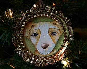 Dog-gold frame Christmas ornament-Gift for Mom-Stocking Stuffer-dog art gift-dog handpainted ornament-gift for dog lover-dog painting