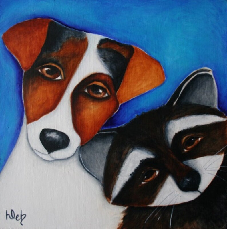 Dog Raccoon Jack Russell Terrier JRT Print on wood, gift, wall art, small art, 3.5 x3.5, deb harvey, forest creature, mini, friends image 1