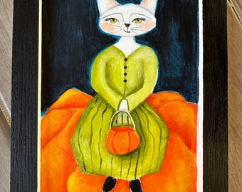 Hand Painted Halloween Cat Pumpkin Art on Wood: 5x7 Autumn Decor