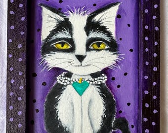 Tuxedo Cat Painting: Hand-Painted Acrylic Art on Wood (5x7)