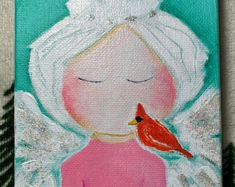 Christmas Winter Angel Cardinal, bird painting "Ellie" Original acrylic Painting on Canvas, 4" x 5", snow