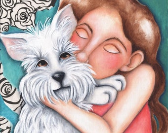 Dog Girl  PRINT on wood, 3.5"x3.5", Original Art  Print  "SWEET COCONUT" Schnauzer, White Dog, Love, Archival, Westie,