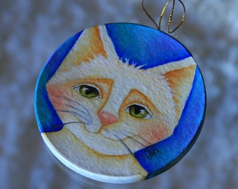 Hand Painted Cat Ornament: Snowball Acrylic Painting, 4" Diameter