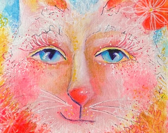 Original painting "Mia" Original Painting on Paper, 5.5" x 7", cats, colorful art