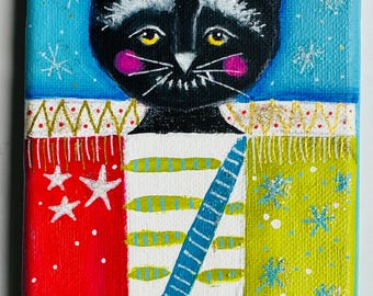 Hand Painted Christmas Cat Nutcracker Painting Acrylic Canvas Art (4"x6") "David" Holiday decoration