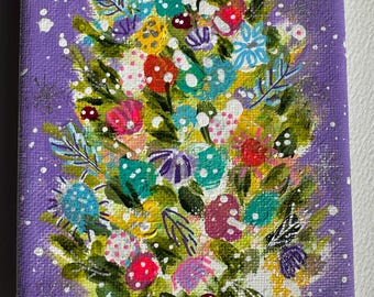 Hand Painted Christmas Tree Painting Acrylic Canvas Art (4"x6") "Victoria" Holiday decoration
