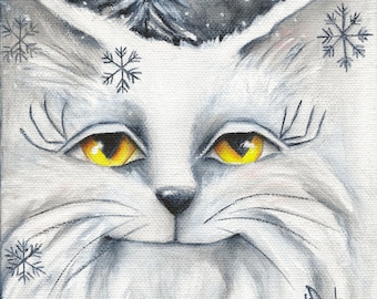 Snowflake Cat Painting: Abstract Winter Art, 6" x 6" Canvas