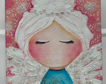 Christmas Winter Angel painting "Faith" Original acrylic Painting on Canvas, 4" x 5", snow, holidays