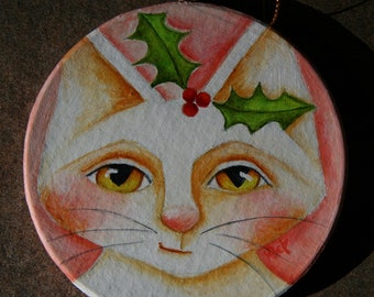 Cat Pink hand painted paper mache ornament 4" diameter, gift, decoration Original Art by Deb Harvey gift, Christmas, Holidays, holly