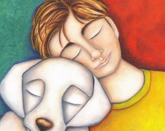 Dog Boy  PRINT of Original Art  Print offered in three sizes A Boy And His Dog, White Lab Dog, Love, Archival,