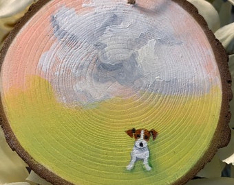 Jack Russell Terrier Dog Landscape hand painted wooden ornament 4" diameter, gift, decoration Original Art by Deb Harvey gift