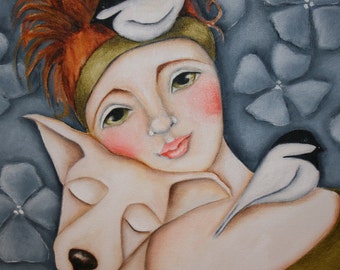 Dog Woman Bird Chickadee Print on wood reproduction, gift for her, Valentine's love
