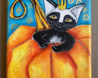 Halloween Tuxedo Cat Painting: "Pumpkin King II" Acrylic Art on Canvas