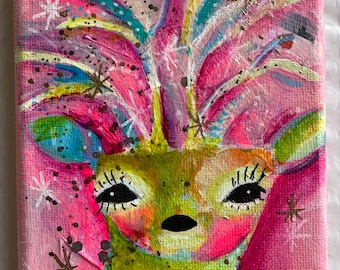 Hand Painted Christmas Reindeer Painting Acrylic Canvas Art (4"x6") "Vixen"