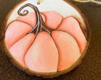 Pink Pumpkin hand painted wooden ornament 4" diameter, gift, decoration Original Art by Deb Harvey gift