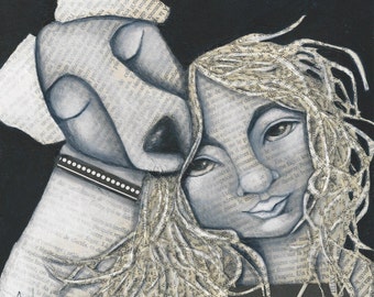 Dog Woman  Print of Original Art  Print offered in three sizes, love, black and white, print, deb harvey, girl portrait