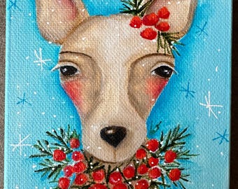 Christmas Deer Painting: Original Acrylic Holiday Art (4x5)