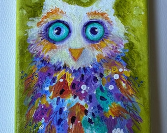 Unique Abstract Owl Painting: "Olive" Acrylic Art on Canvas 5" x 7"